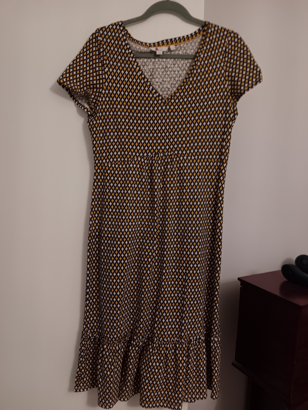 Boden Navy and Mustard Geometric V‑Neck Midi Dress
